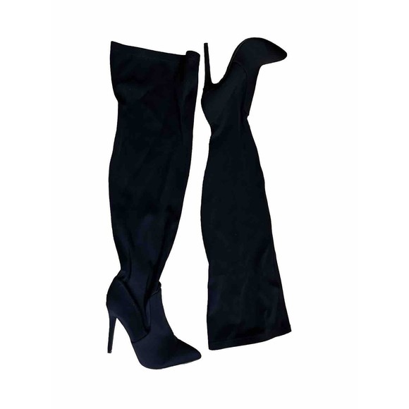 Shoe Dazzle Shoes - Black Thigh High Wide Calf Stretch Stiletto Boots Size 9.5 Sexy Goth Dom  Club